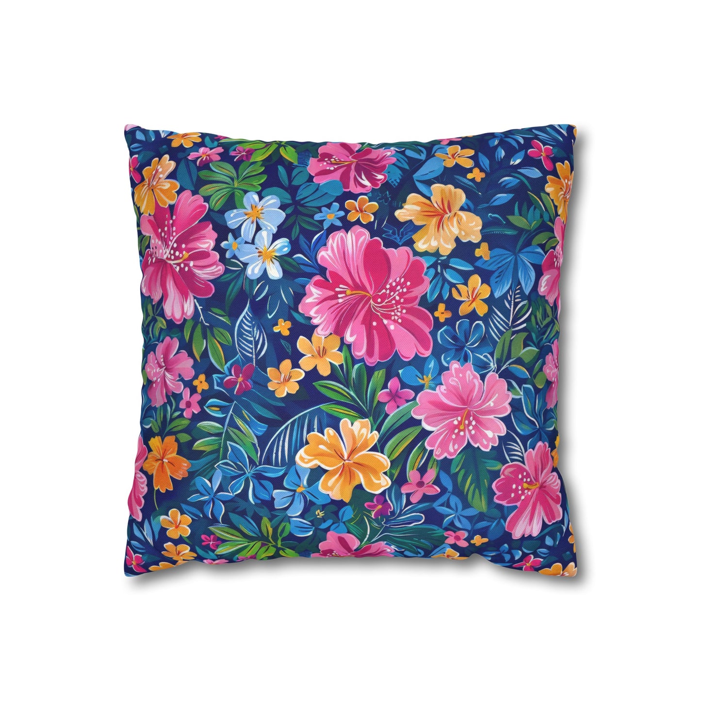 Tropical Sunrise Bloom: Pink Watercolor Flowers with Yellow and Blue Accents Spun Polyester Square Pillowcase 4 Sizes