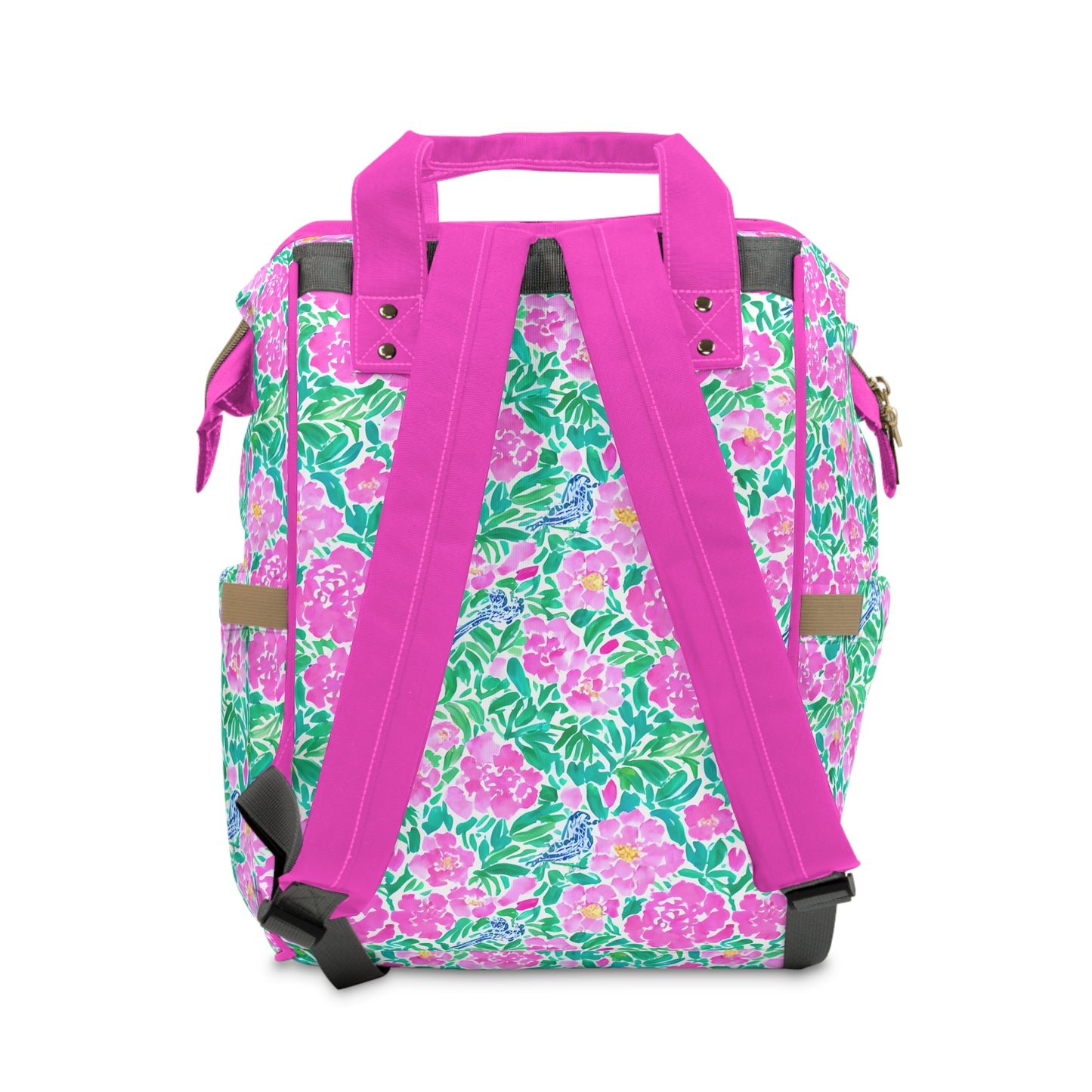 Springtime Whispers: Tiny Birds and Pink Blooms, Subtle Blue Accents, and Lush Green Leaves Multifunctional Diaper Backpack