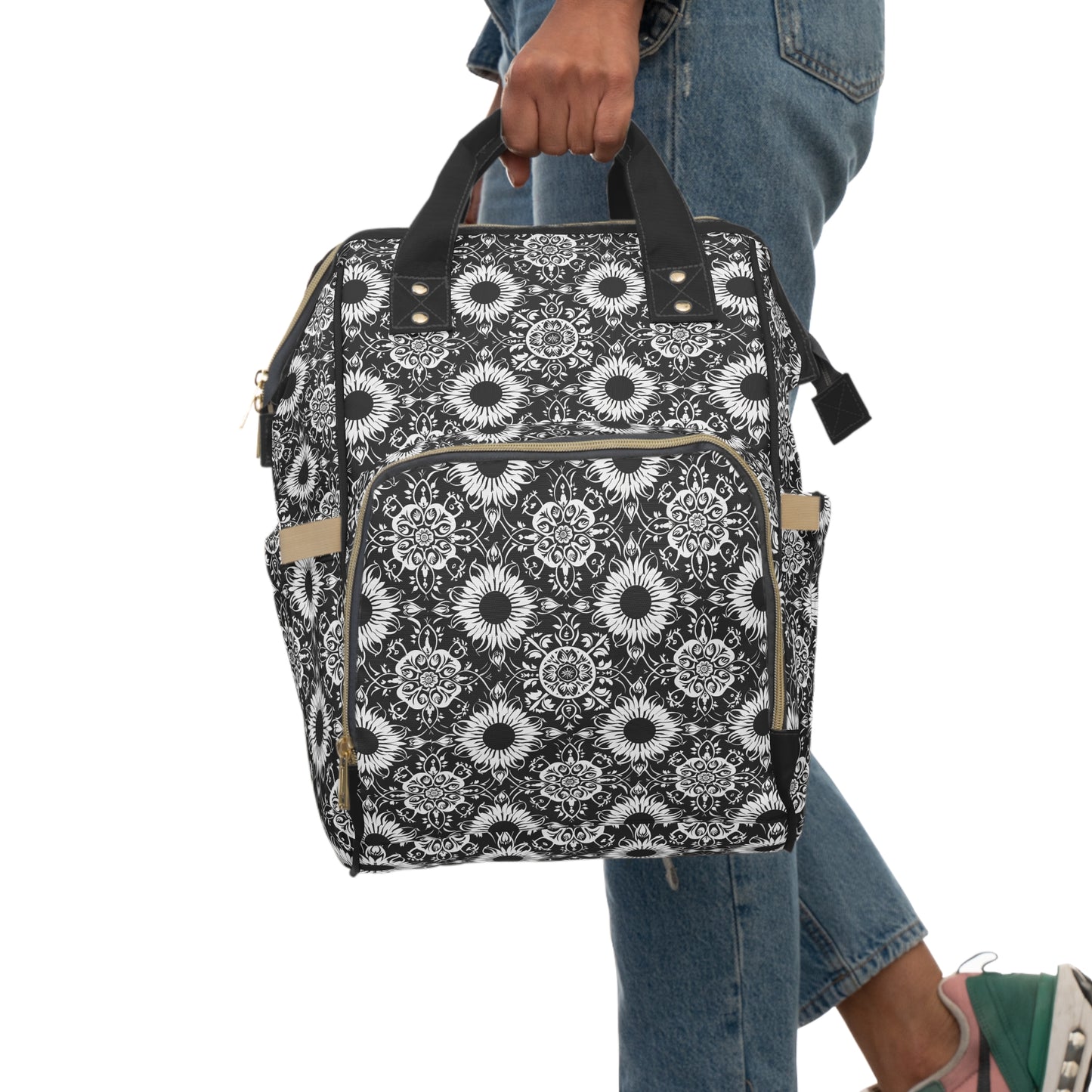 Elegant Mandala Design with Black and White Sunflowers Multifunctional Diaper Backpack