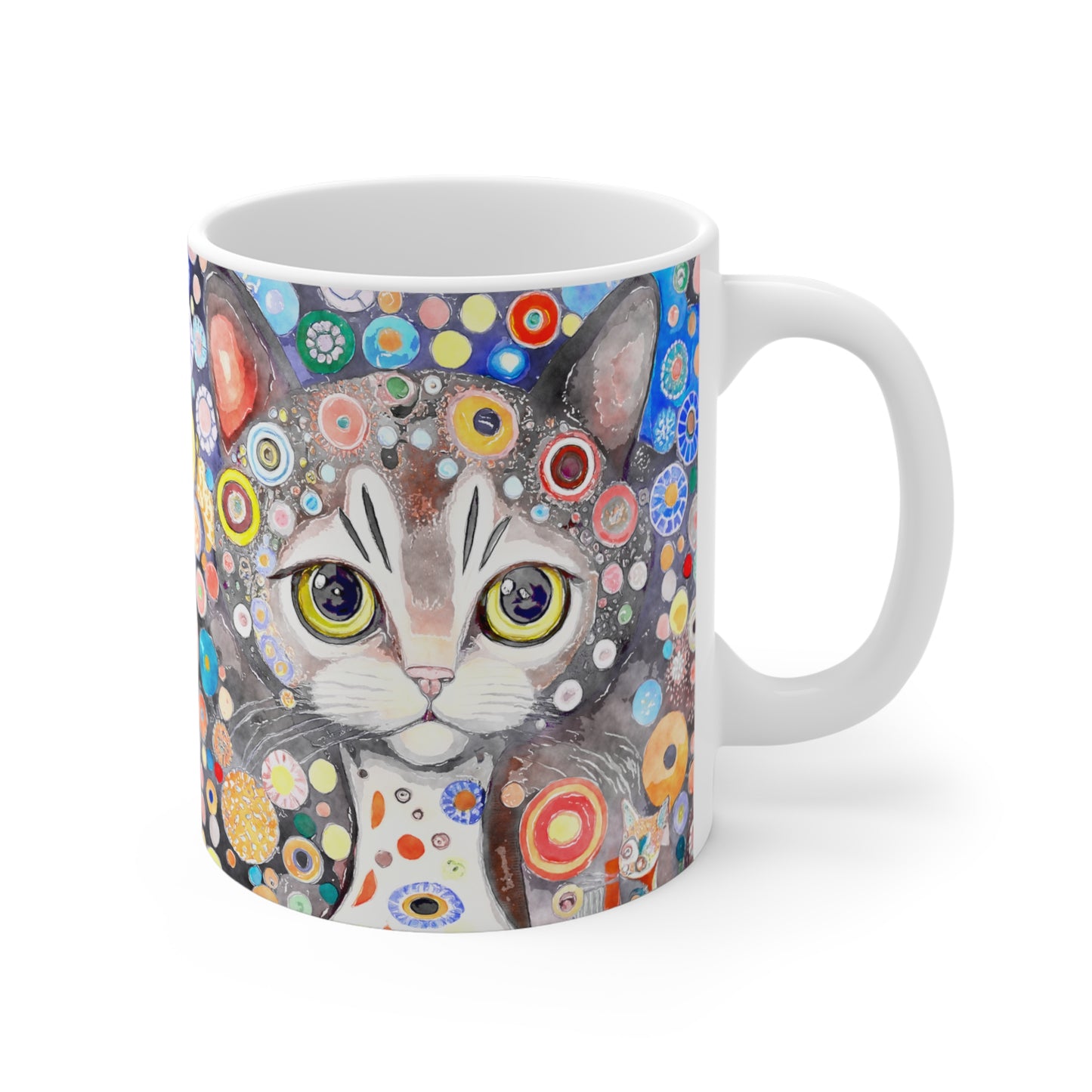 Sweet Grey Cat with Flowers in Style of Klimt  - 11 oz Coffee