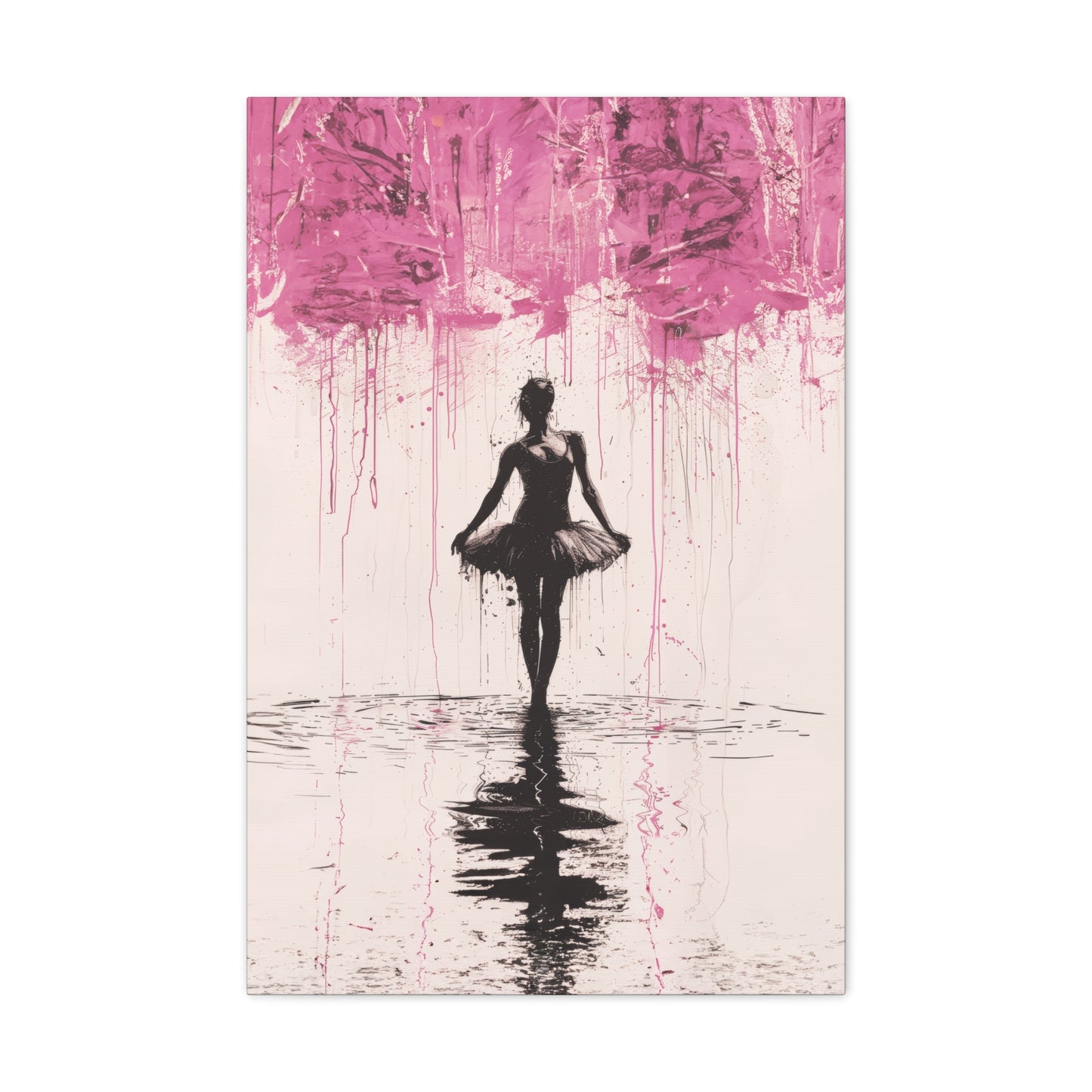 Dreamlike Reverie: Ballerina Dancing Amidst Pink Clouds and Gentle Rain Print on Canvas Gallery - 13 Sizes