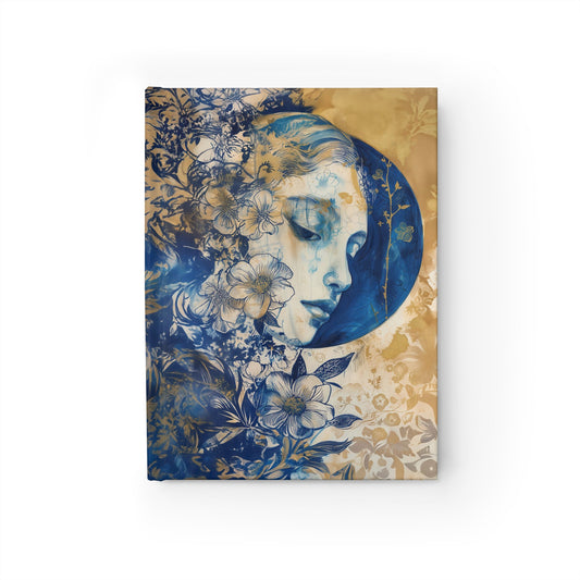 Moonlit Reverie: Vintage Scene of a Woman Amidst a Blue Floral Garden, Gazing at the Moon  - Hardcover Ruled Line Journal 5" x 7"