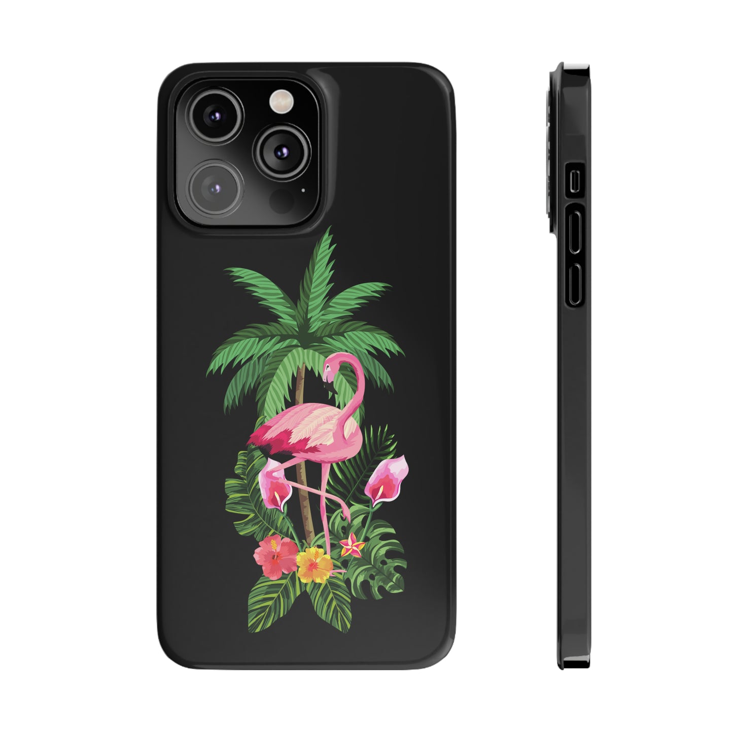 Tropical Pink Flamingo and Flowers Black Background Iphone 15-12 Slim Phone Case