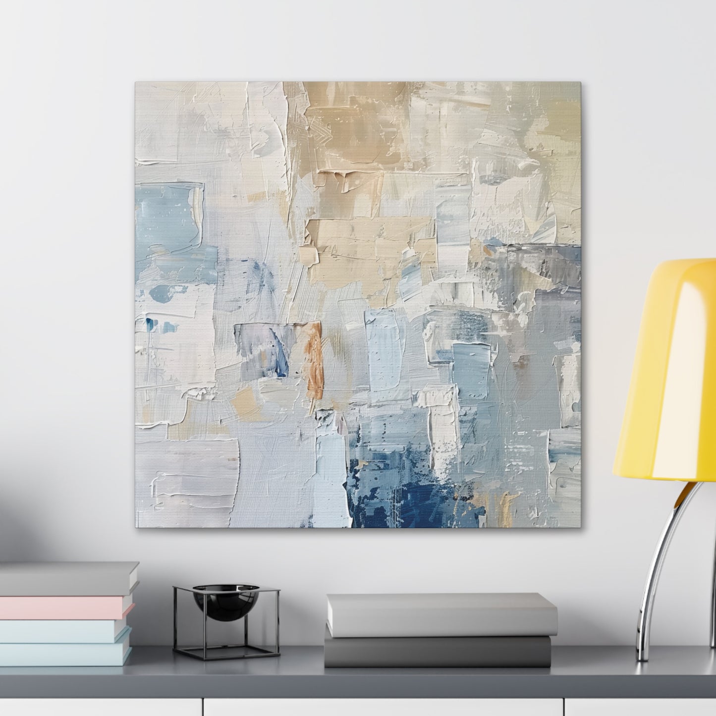 Bold Contrasts Abstract Tan, Grey and Blue Color Blocking with Heavy Strokes Print on Canvas Gallery - 13 Sizes