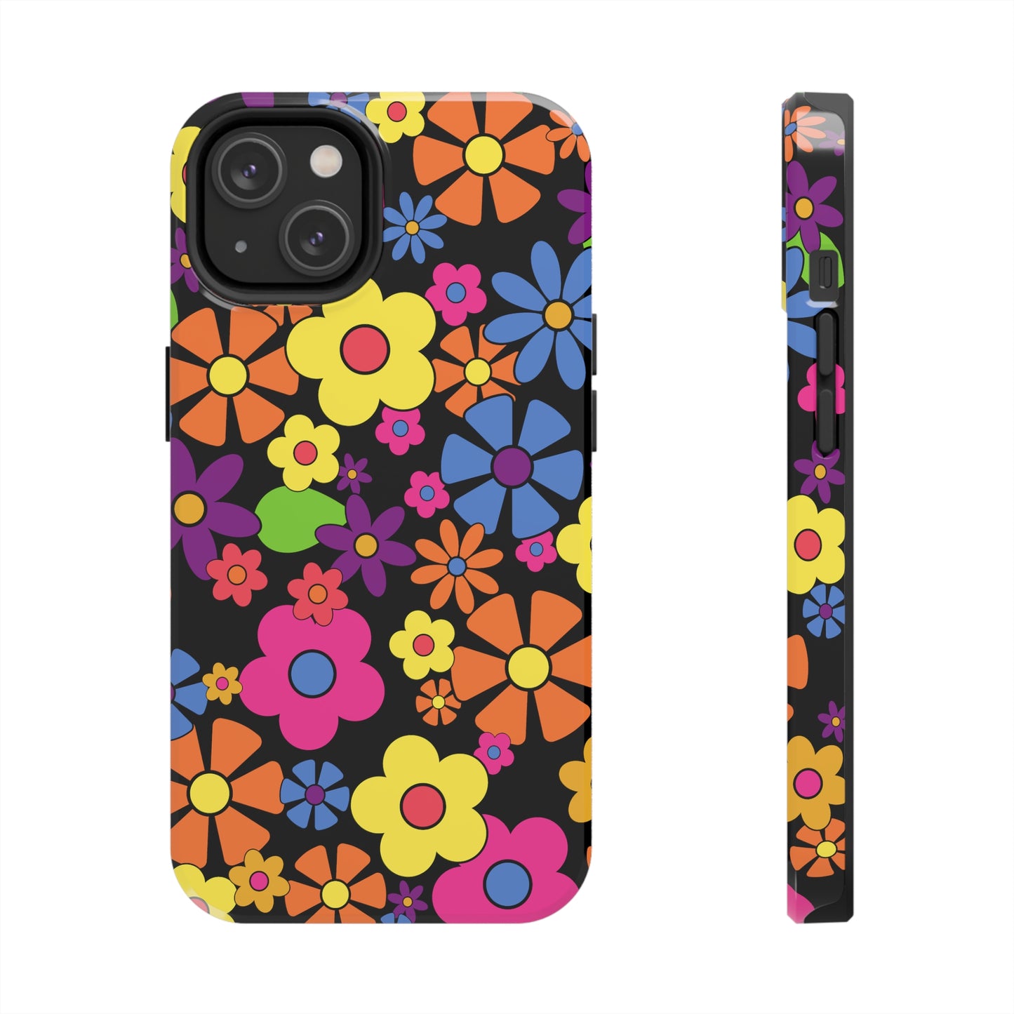 Flower Power Design on Black Background Iphone Tough Phone Case