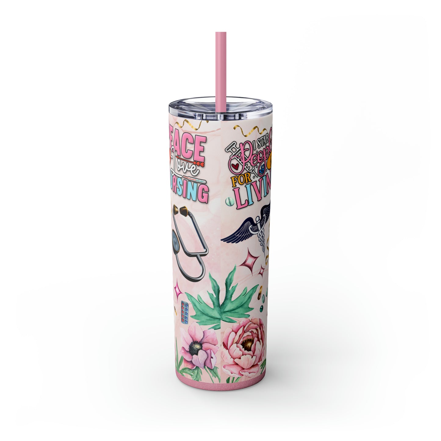 Nurturing Hearts: Peace, Love, and Nursing 20oz Skinny Tumbler with Straw