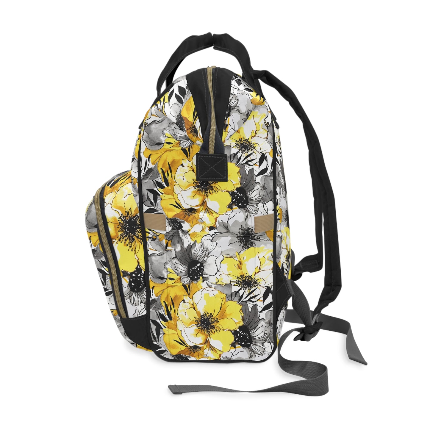 Soothing Radiance: Large Yellow and Grey Watercolor Flower Multifunctional Diaper Backpack