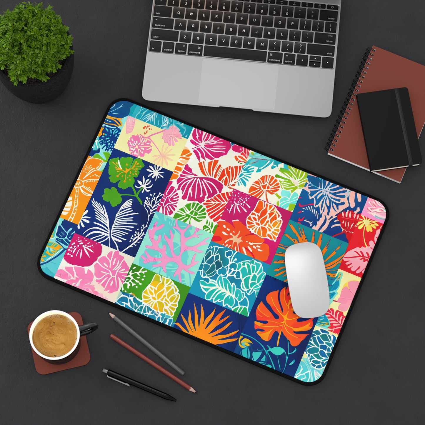 Vibrant Mosaic of Tropical Unique Shapes and Hues, from Vivid Oranges to Deep Blue Leaves and Flowers Extended Gaming Mouse Pad  Desk Mat  - 3 Sizes