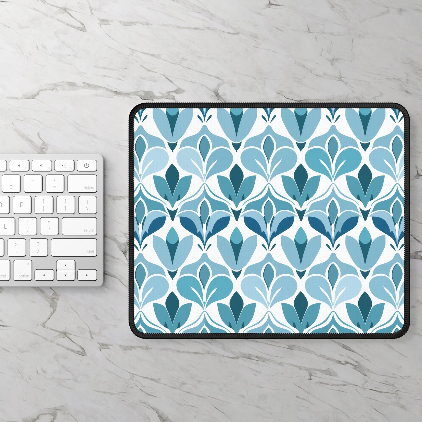 Elegant Floral Pattern in Shades of Aqua and Teal, Forming Graceful Botanical Motifs Gaming Mouse Pad with Finished Edges