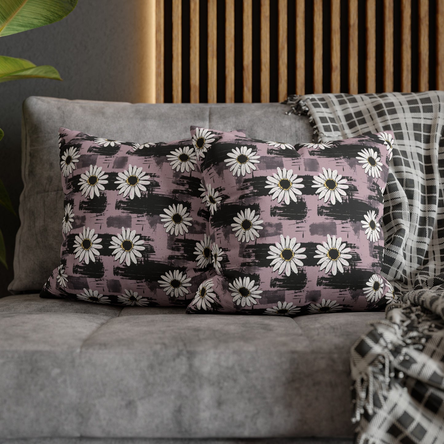 Edgy Daisy Dream with Pink and Black Grunge Spun Polyester Square Pillowcase 4 Sizes