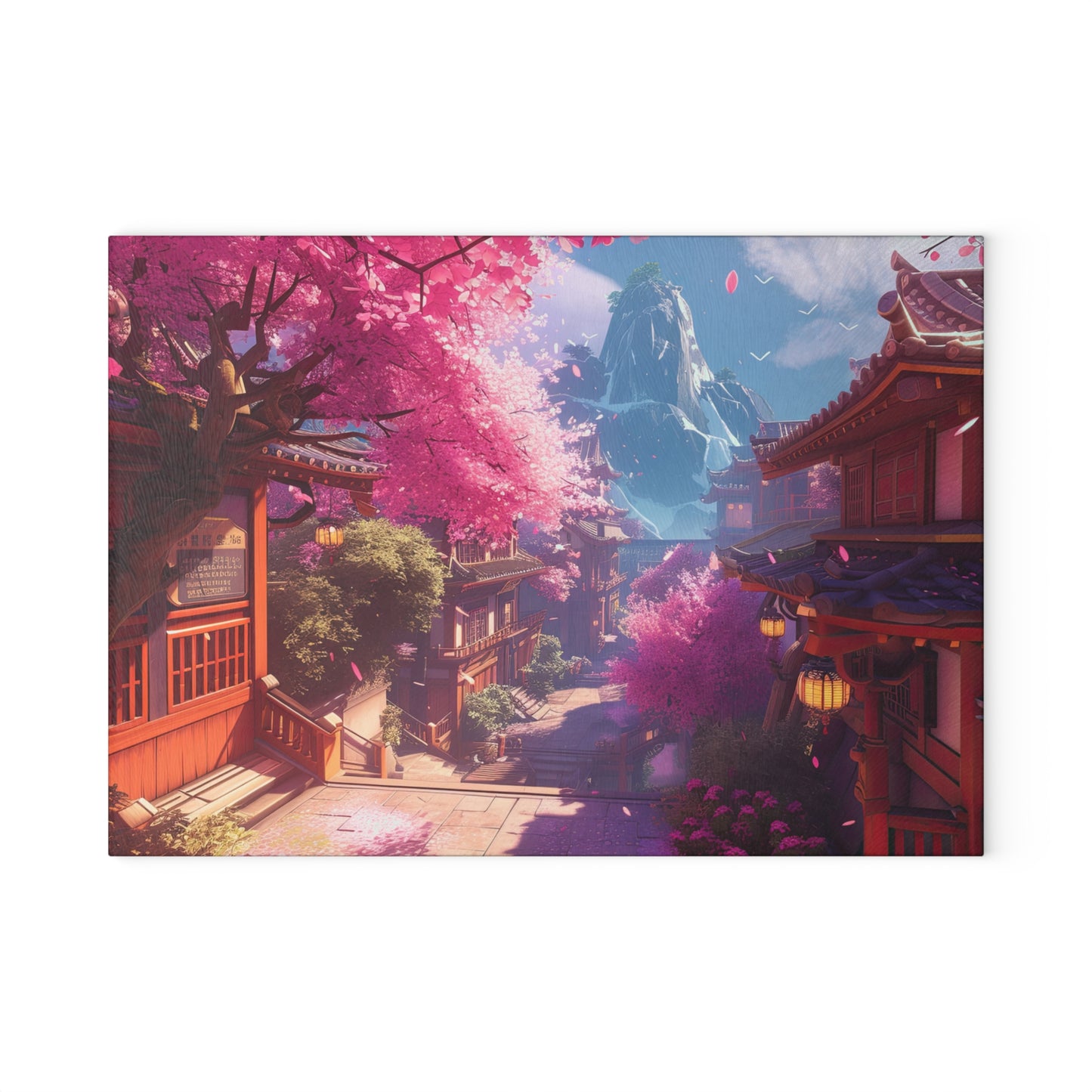 Serene Sakura Village with Tranquil Japanese Cherry Blossom Scene and Mountain View Glass Cutting Board 2 Sizes