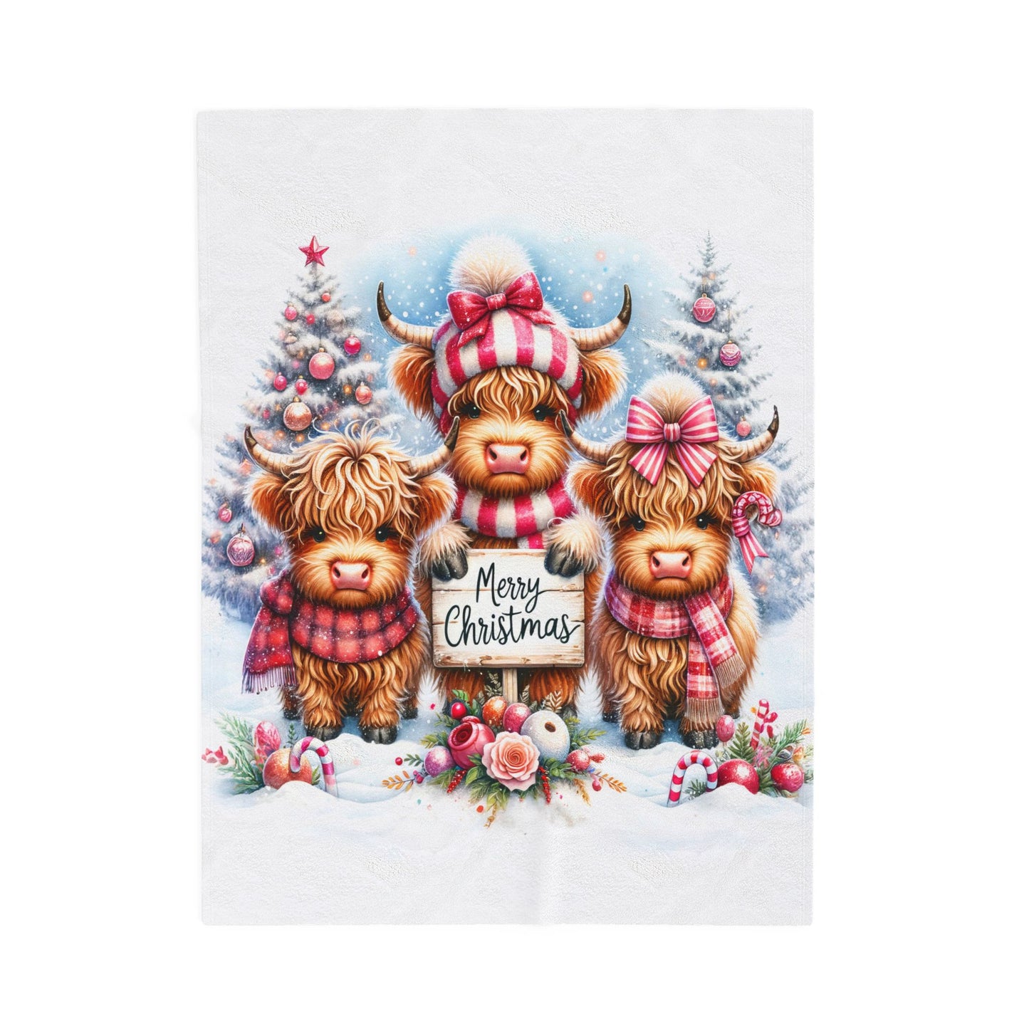 Baby Highland Cows Merry Christmas Peppermint Holiday Velveteen Plush Blanket 3 Sizes