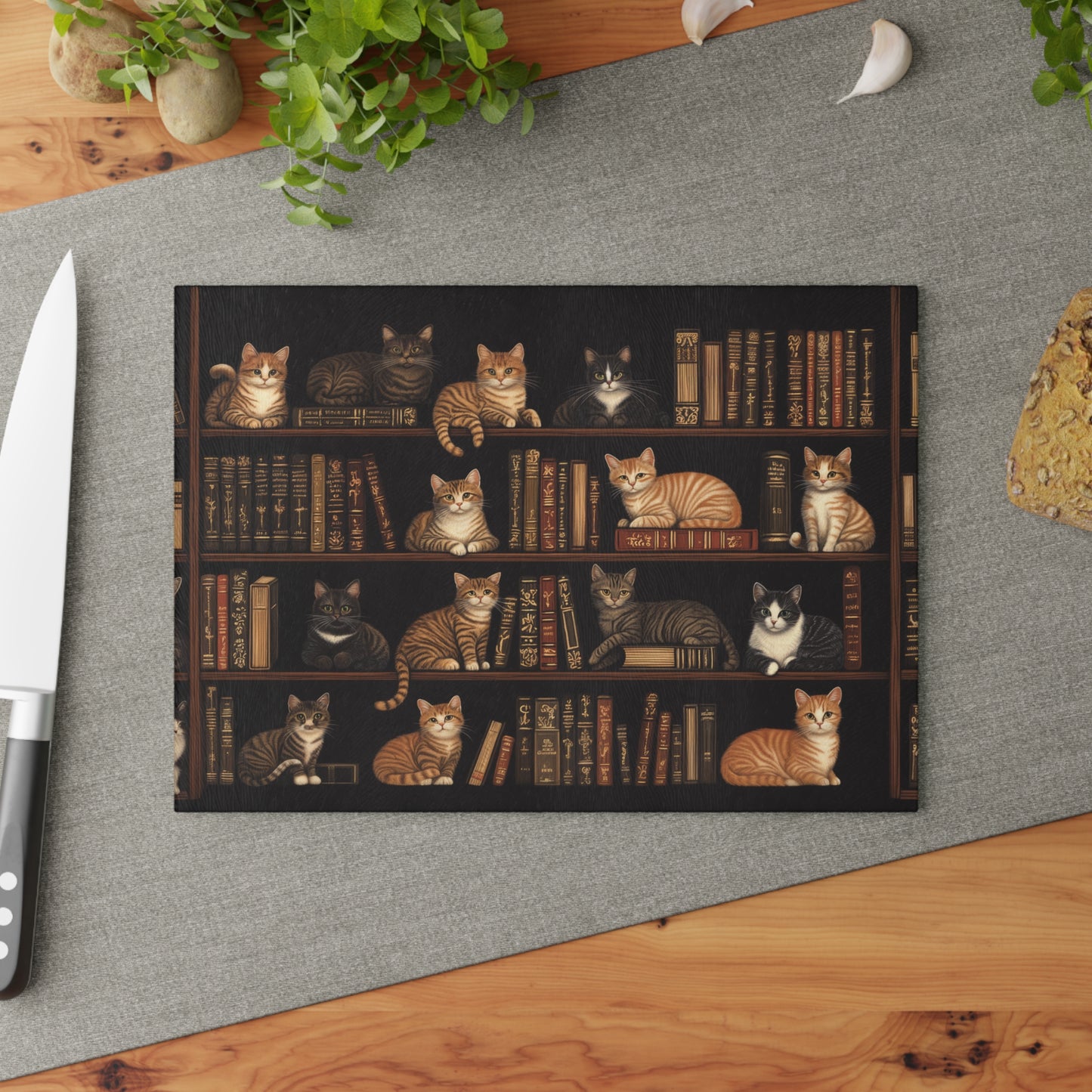 Cozy Bookshelf Cats Glass Cutting Board - 2 Sizes