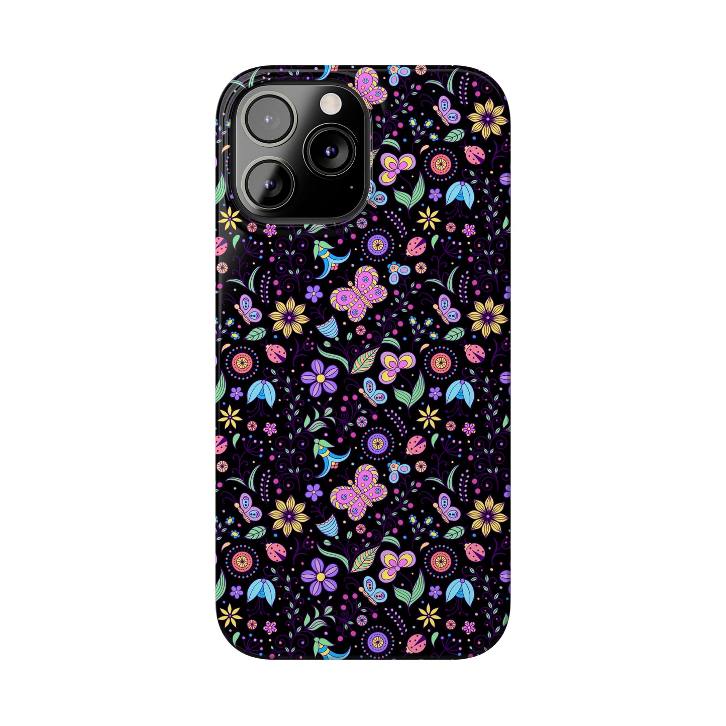 Butterflies and Flowers Black Background Iphone 15-12 Slim Phone Case