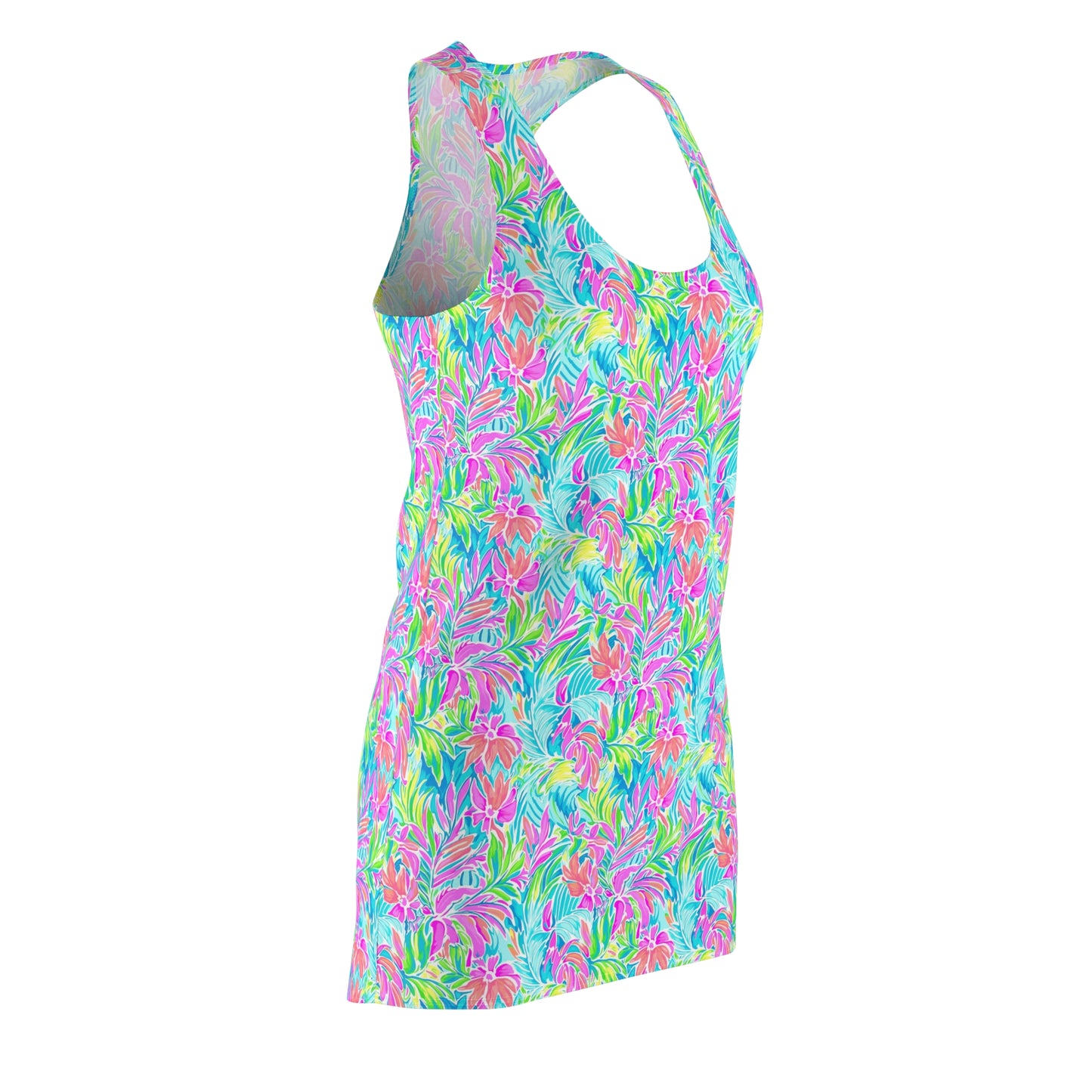 Neon Tropics: Vibrant Rainbow Flowers and Palm Leaves in Electric Splendor Women's Racerback Dress XS - 2XL