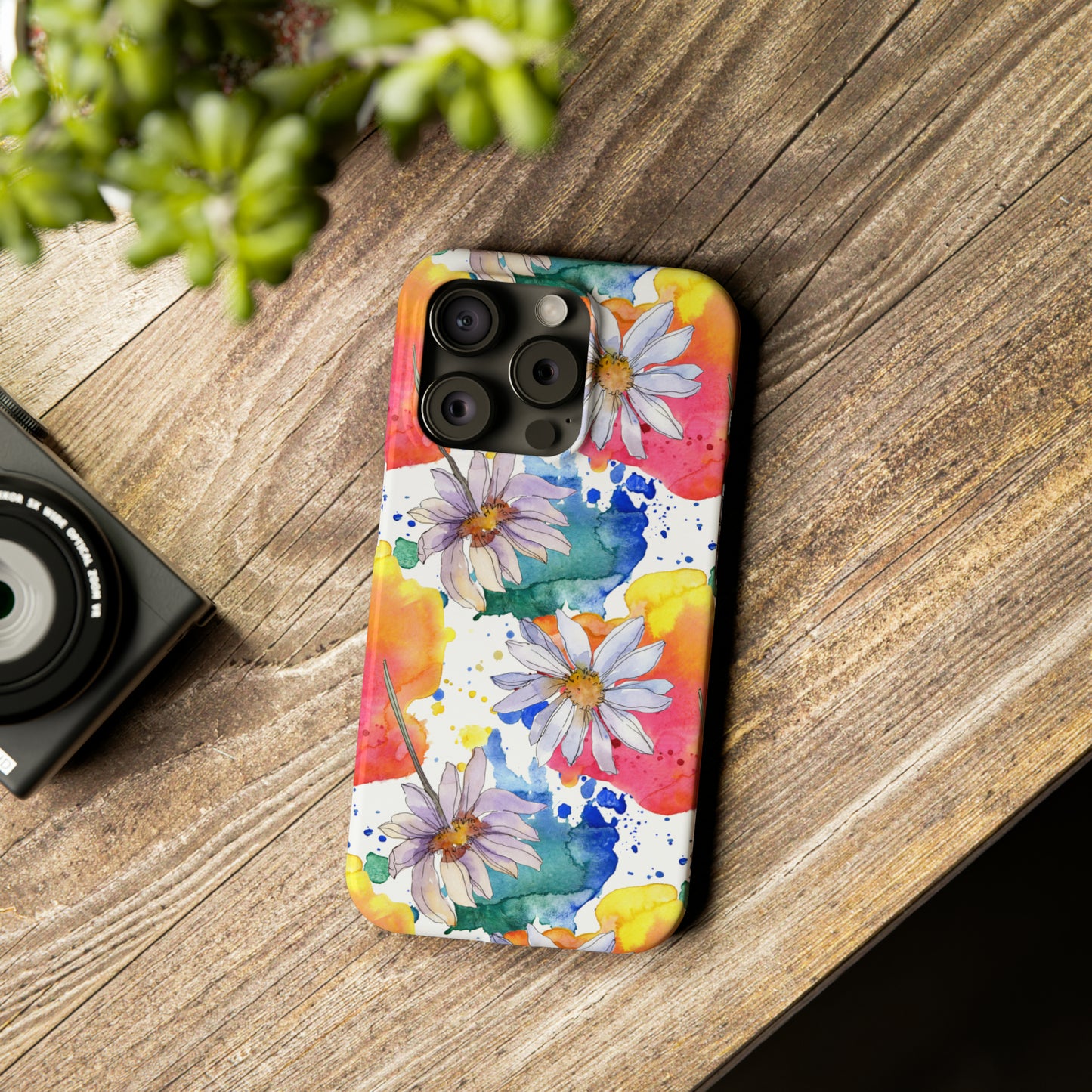 Large Colorful Watercolor Daisy Design Iphone 15-12 Slim Phone Case