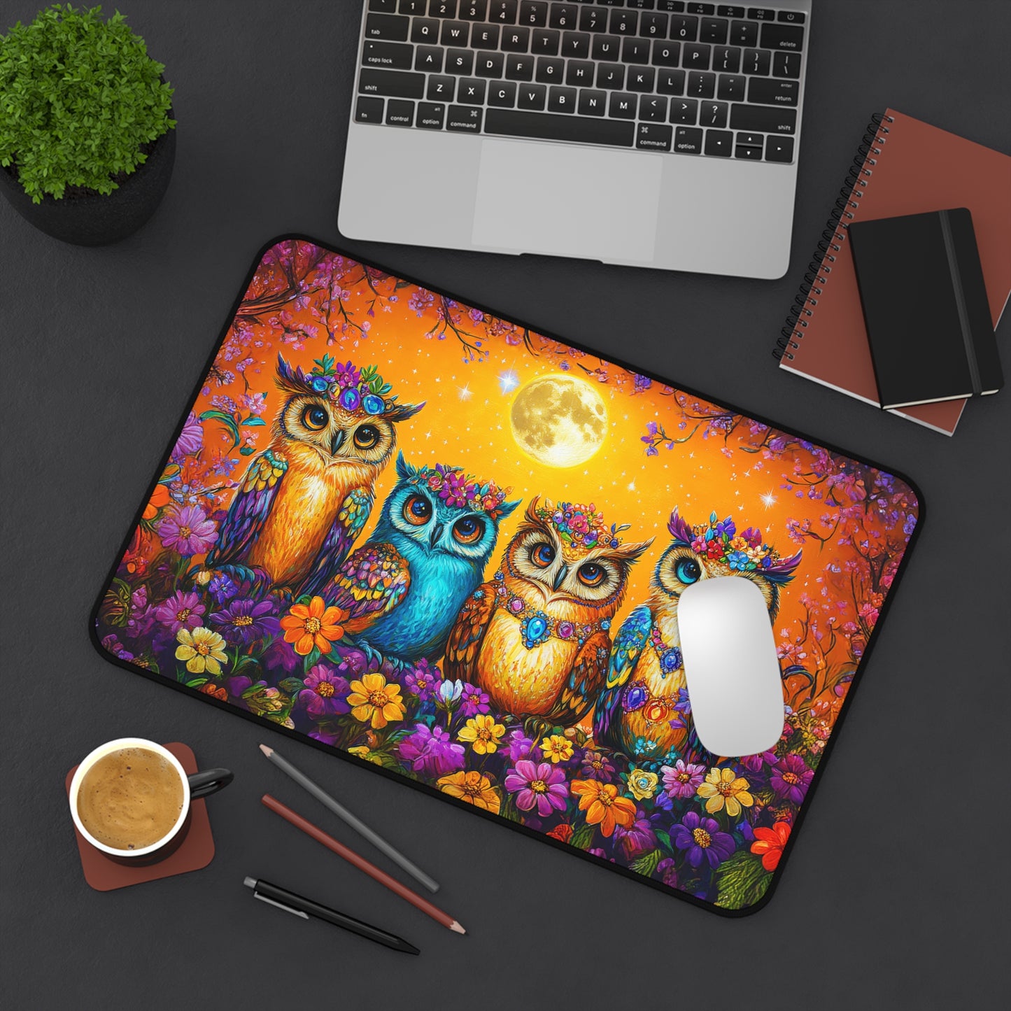 Enchanted Owls Adorned with Floral Crowns Under a Starry Sky Extended Gaming Mouse Pad  Desk Mat  - 3 Sizes