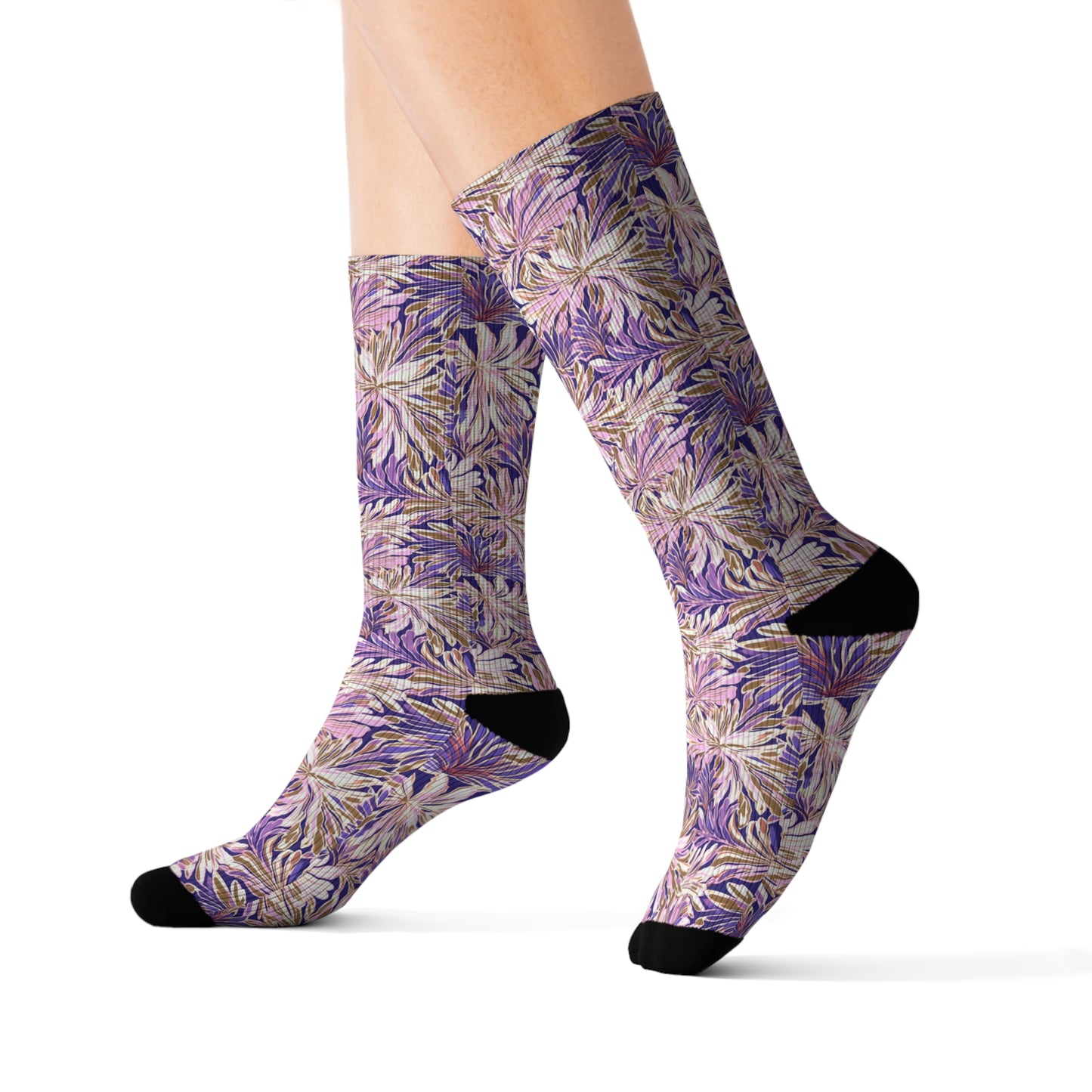 Gilded Blooms: Purple, Pink, and Gold Abstract Watercolor Flowers Ribbed Crew Socks