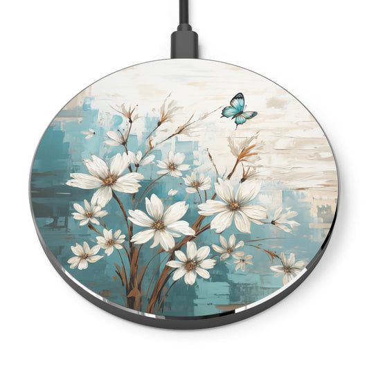 Rustic Farmhouse White and Teal Wild Daisies and Butterflies Wireless Cell Phone 10W Charger