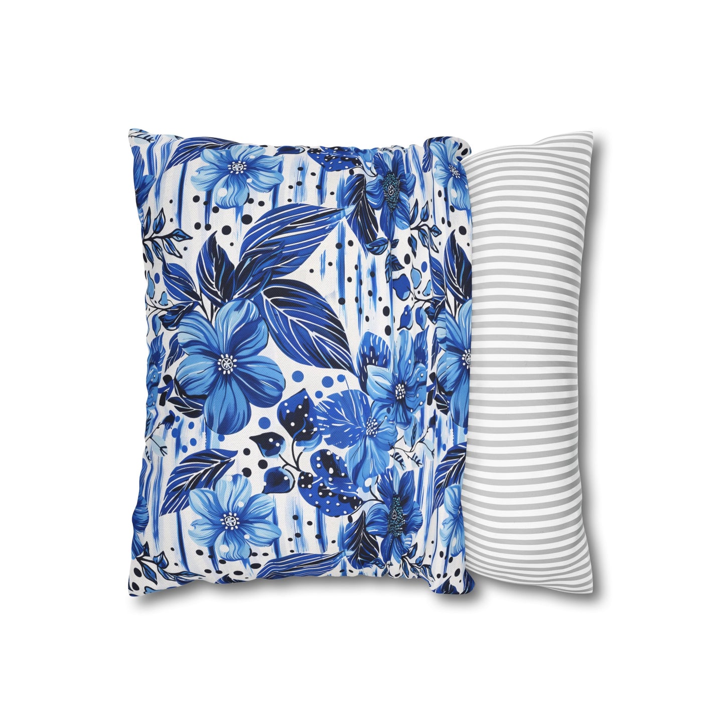 Floral Symphony in Shades of Blue, Harmonized with Abstract Lines Spun Polyester Square Pillowcase 4 Sizes