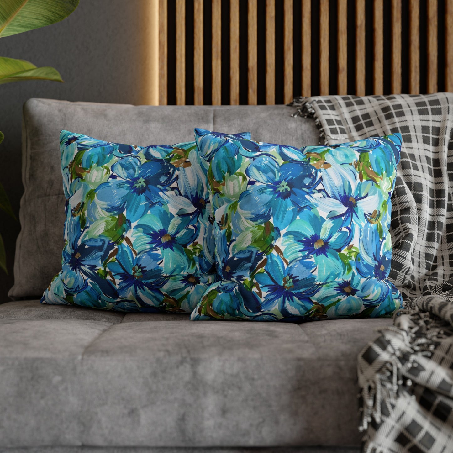 Large Blue Watercolor Flowers with Gentle Accents of Brown and Green Spun Polyester Square Pillowcase 4 Sizes