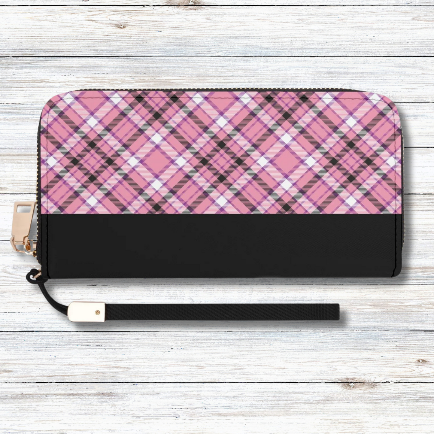 Chic Contrast: Pink & Black Argyle Plaid Pattern with Black Band - Wristlet Wallet Leather (PU)