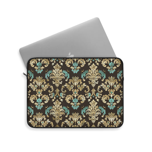 Luxurious Rococo Pattern of Ornate Brown and Teal Floral Scroll Design Laptop or Ipad Protective Sleeve 3 Sizes Available