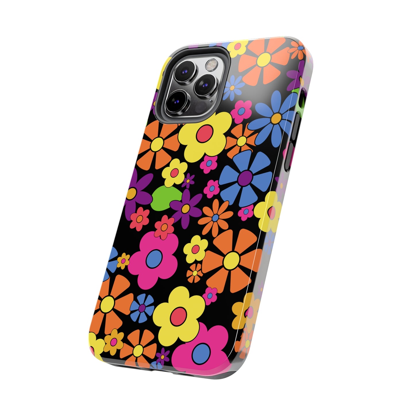 Flower Power Design on Black Background Iphone Tough Phone Case