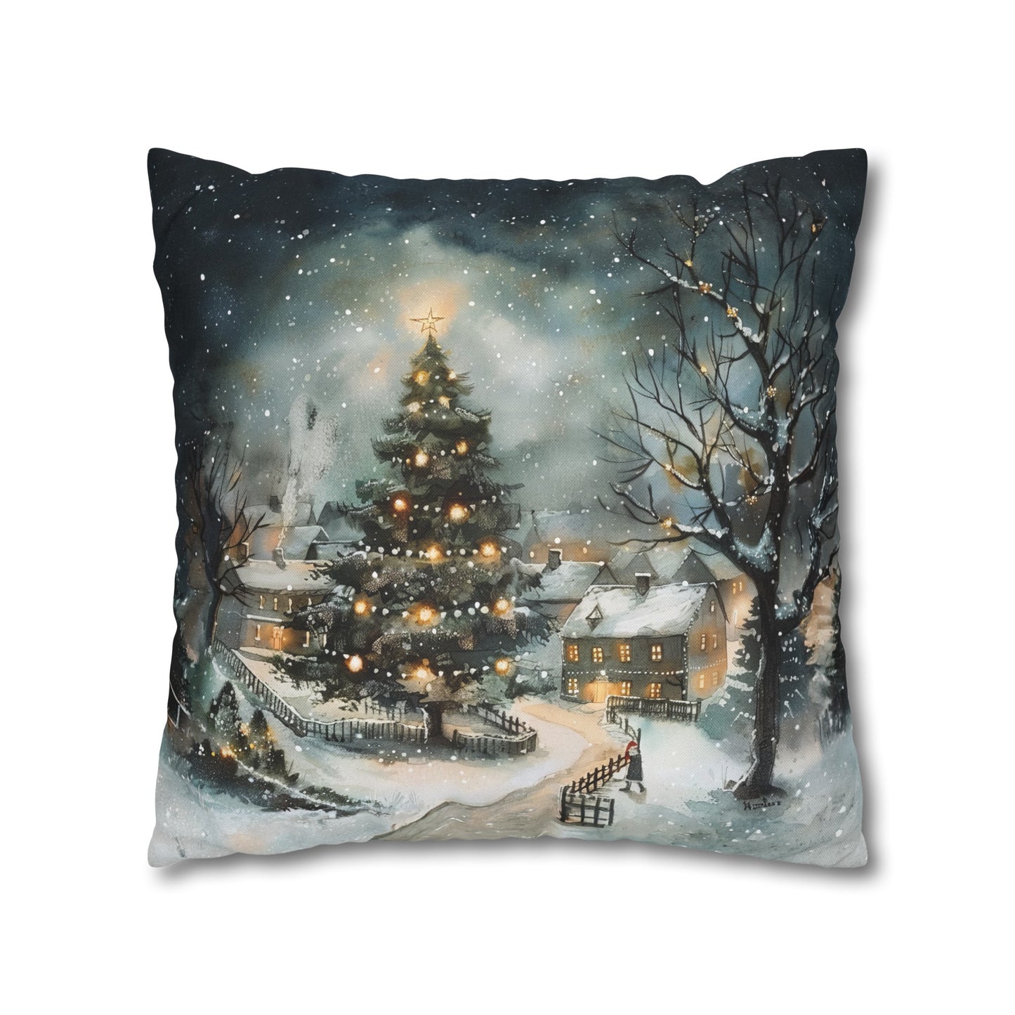 Winter Wonderland Glow: Christmas Tree Illuminating a Snowy Village Spun Polyester Square Pillowcase 4 Sizes