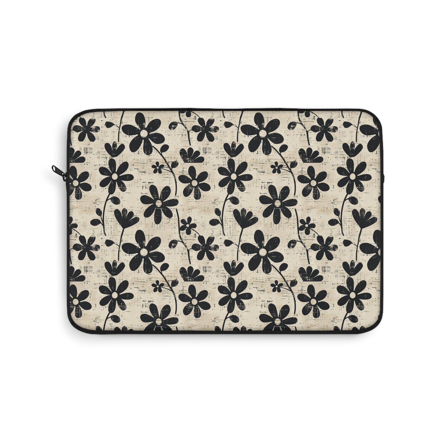 Distressed Black Floral on Beige Background Laptop or Ipad Protective Sleeve 3 Sizes Available