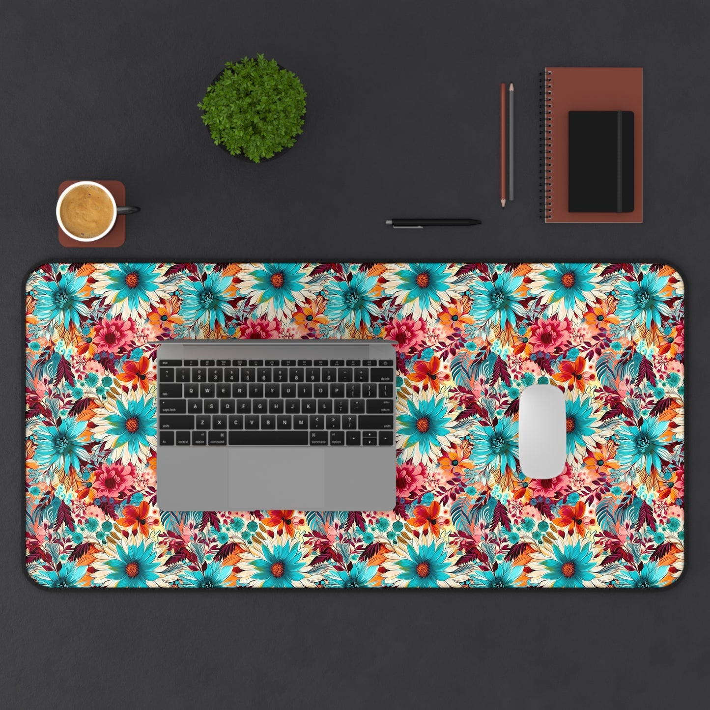 Floral Explosion of Pinks, Teals and Oranges on a Soft Cream Canvas Extended Gaming Mouse Pad Desk Mat - 3 Sizes