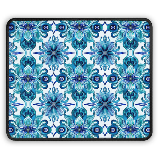 Blossom Symphony of Blue Teal Intricate Floral Pattern Gaming Mouse Pad with Finished Edges