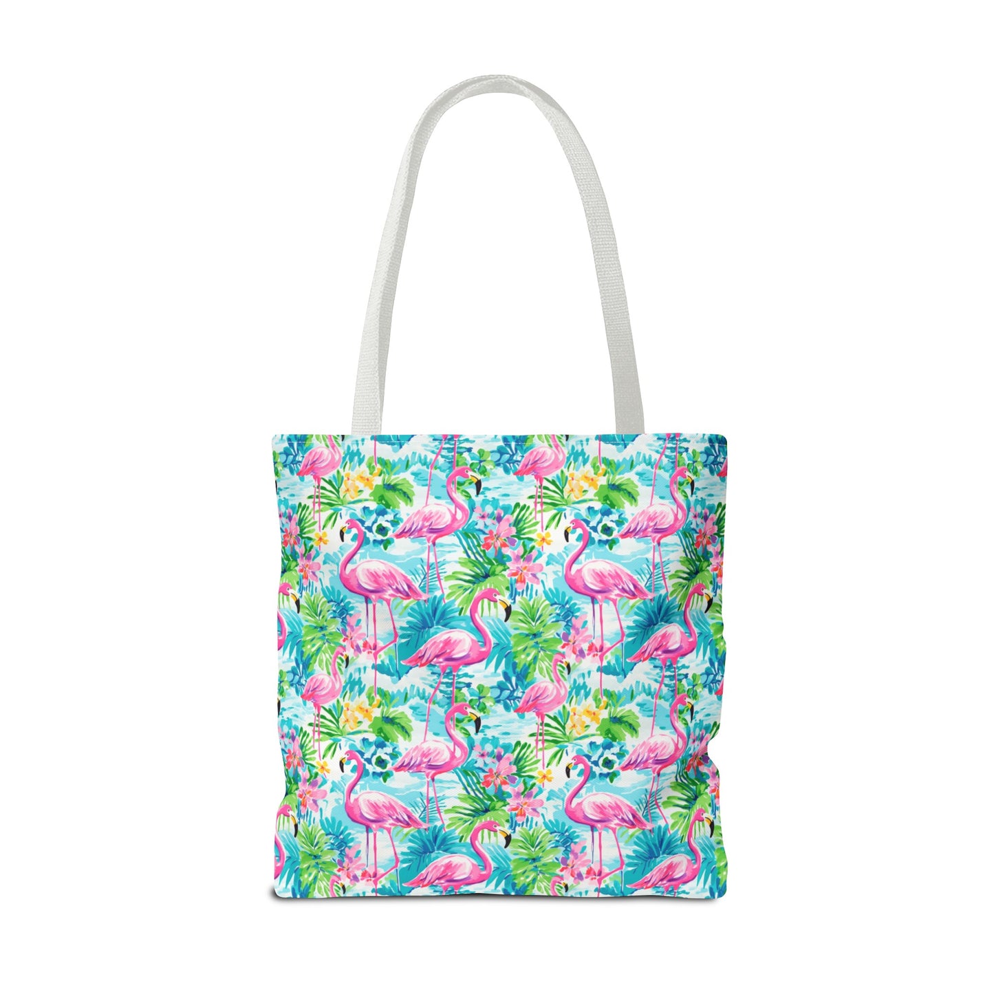 Tropical Flamingo Haven: Surrounded by Flowers and Palm Trees Canvas Tote Bag 3 Sizes