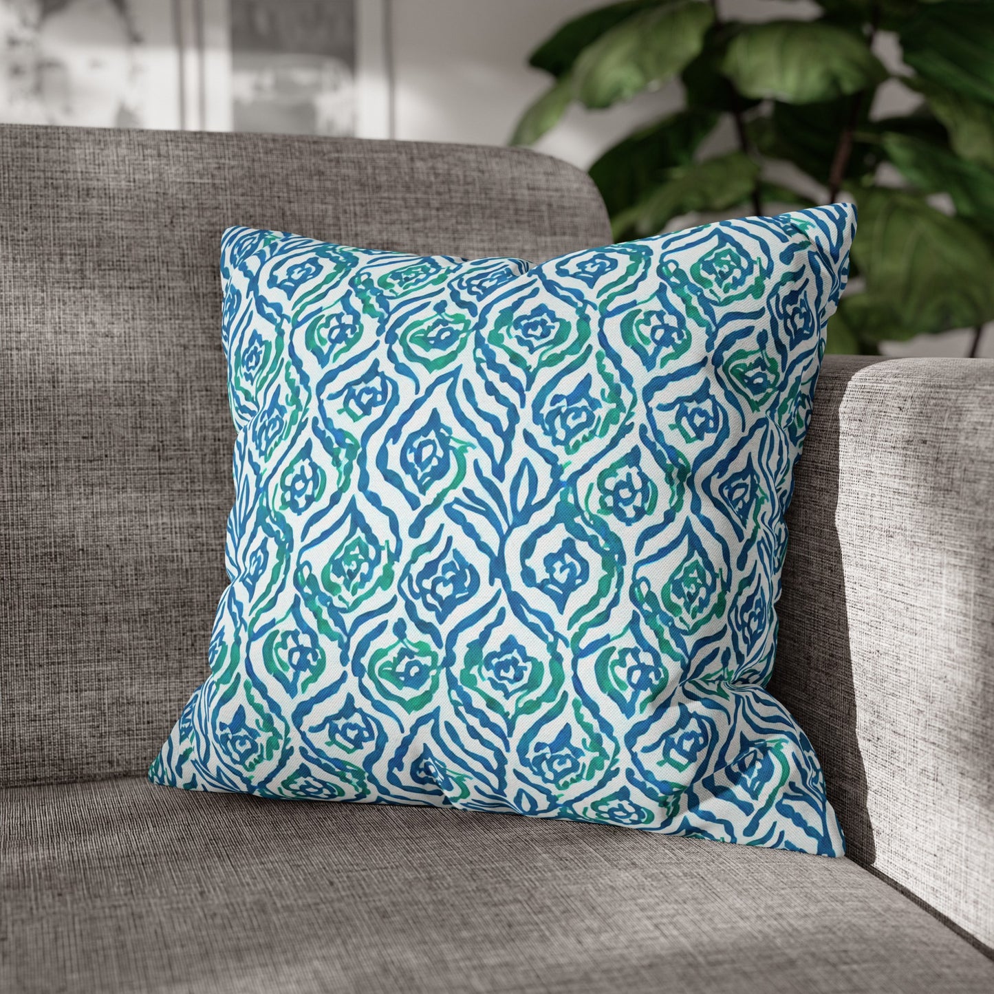 Cool Breeze Elegance: Abstract Damask Pattern in Green and Blue Spun Polyester Square Pillowcase 4 Sizes