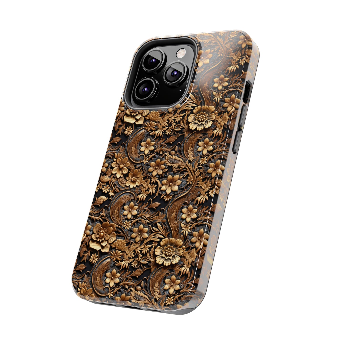 Tooled Leather Large Gold Flowers with Blue Leaf Swirl Accents Print Design Iphone Tough Phone Case