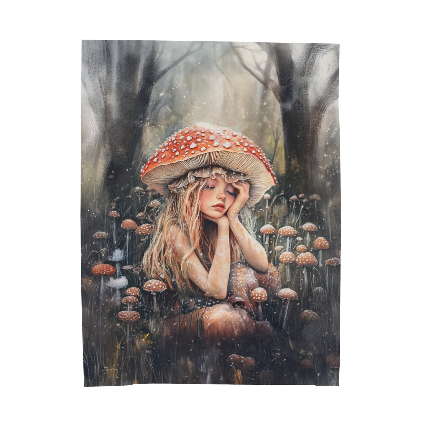 Woodland Nymph Slumbers Beneath a Mushroom's Shade Velveteen Plush Blanket 3 Sizes