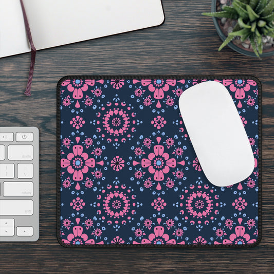 Midnight Garden in Pink and Blue Floral Mandala Pattern on Navy Gaming Mouse Pad with Finished Edges