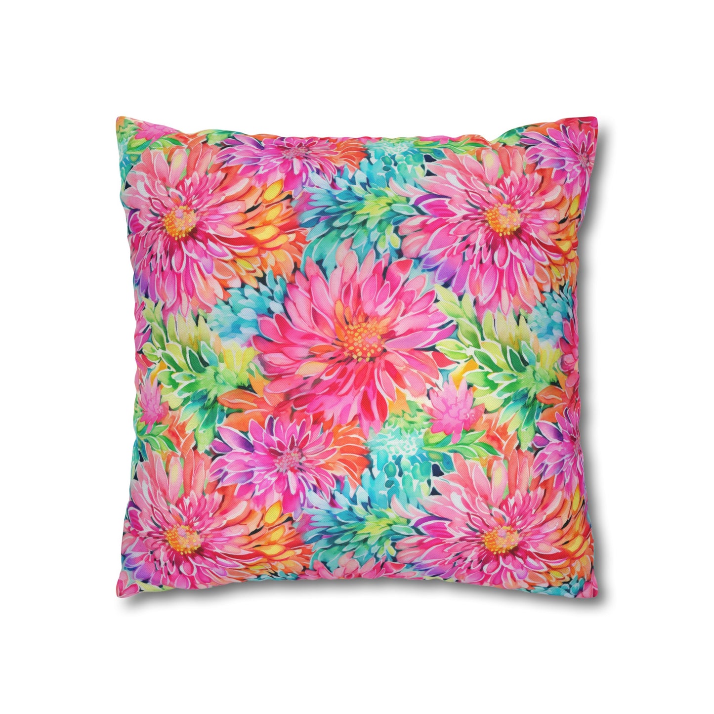 Blooming Spectrum: Large Vibrant Watercolor Flowers in Full Bloom Spun Polyester Square Pillowcase 4 Sizes