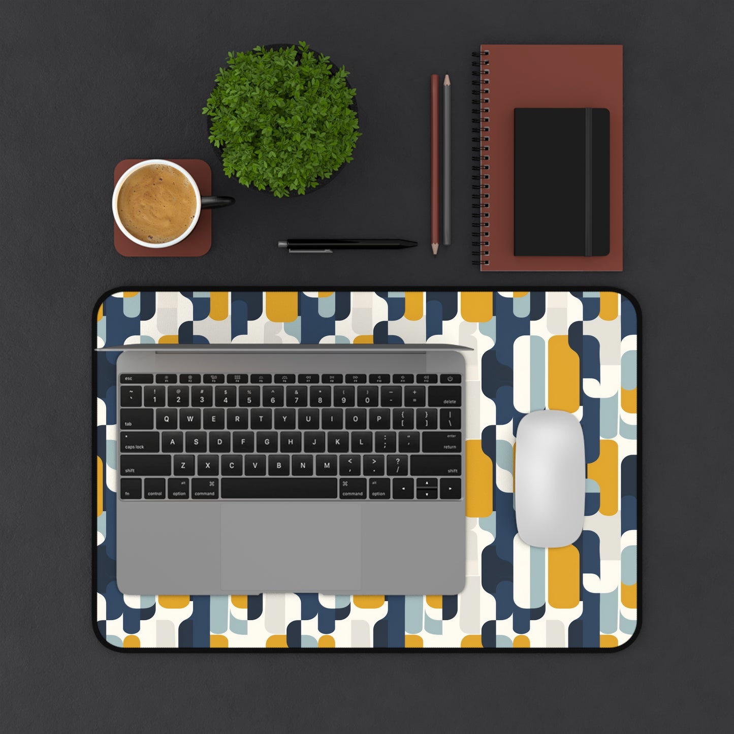 Modern Retro with Bold Geometric Pattern in Mustard and Navy Extended Gaming Mouse Pad  Desk Mat  - 3 Sizes