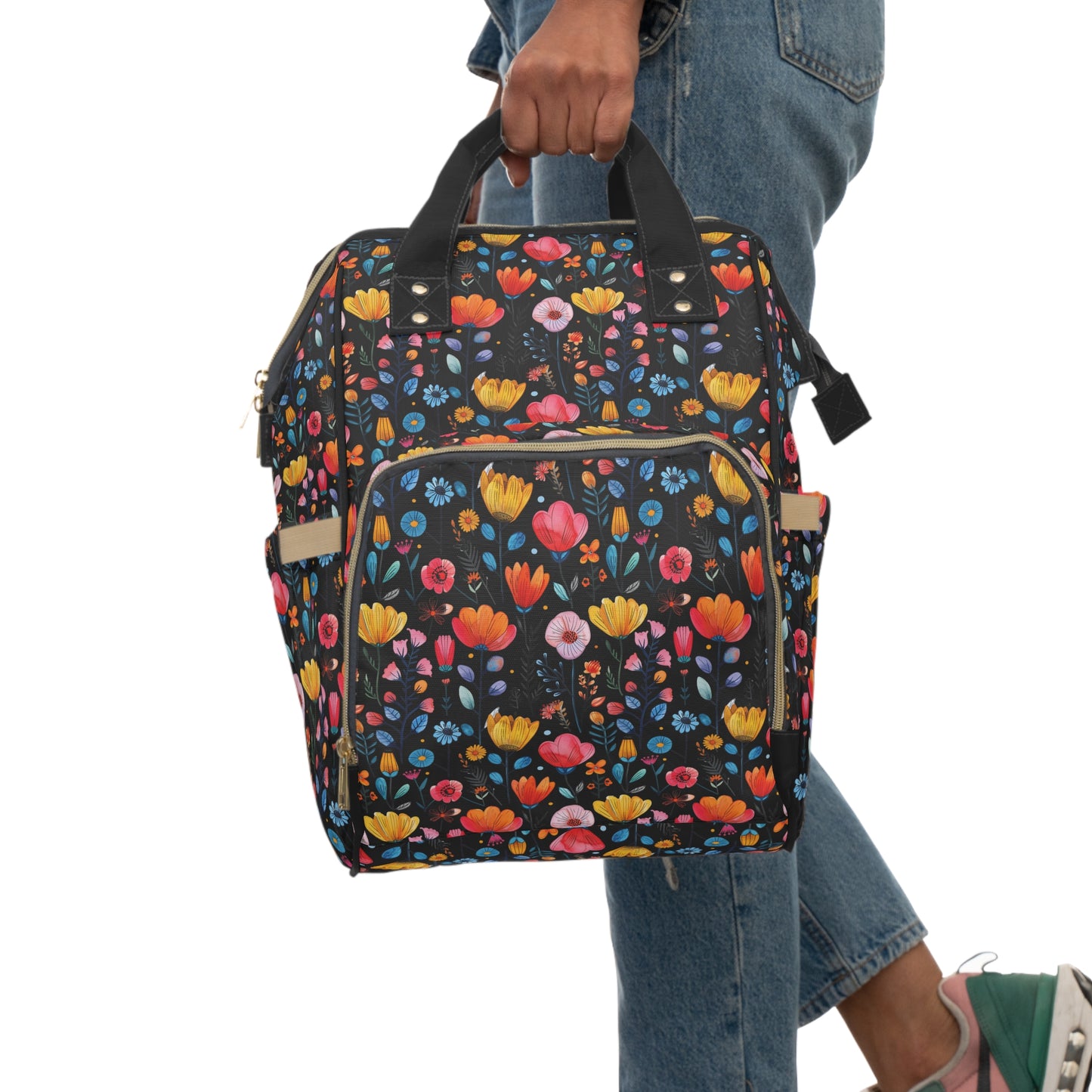 Vibrant Spring Blooms in a Kaleidoscope of Colors on Black Multifunctional Diaper Backpack