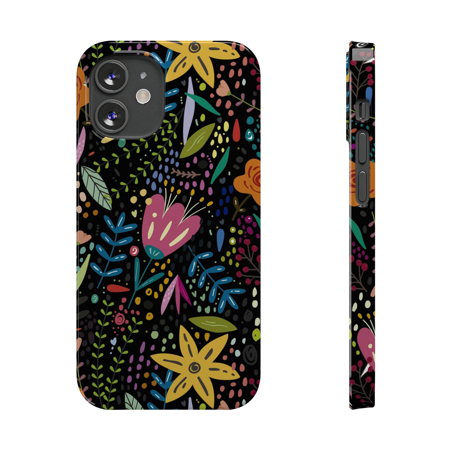 Springtime Splendor: Hand-Drawn Flowers Bursting with Vibrant Colors Design on Black Iphone 15-12 Slim Phone Case