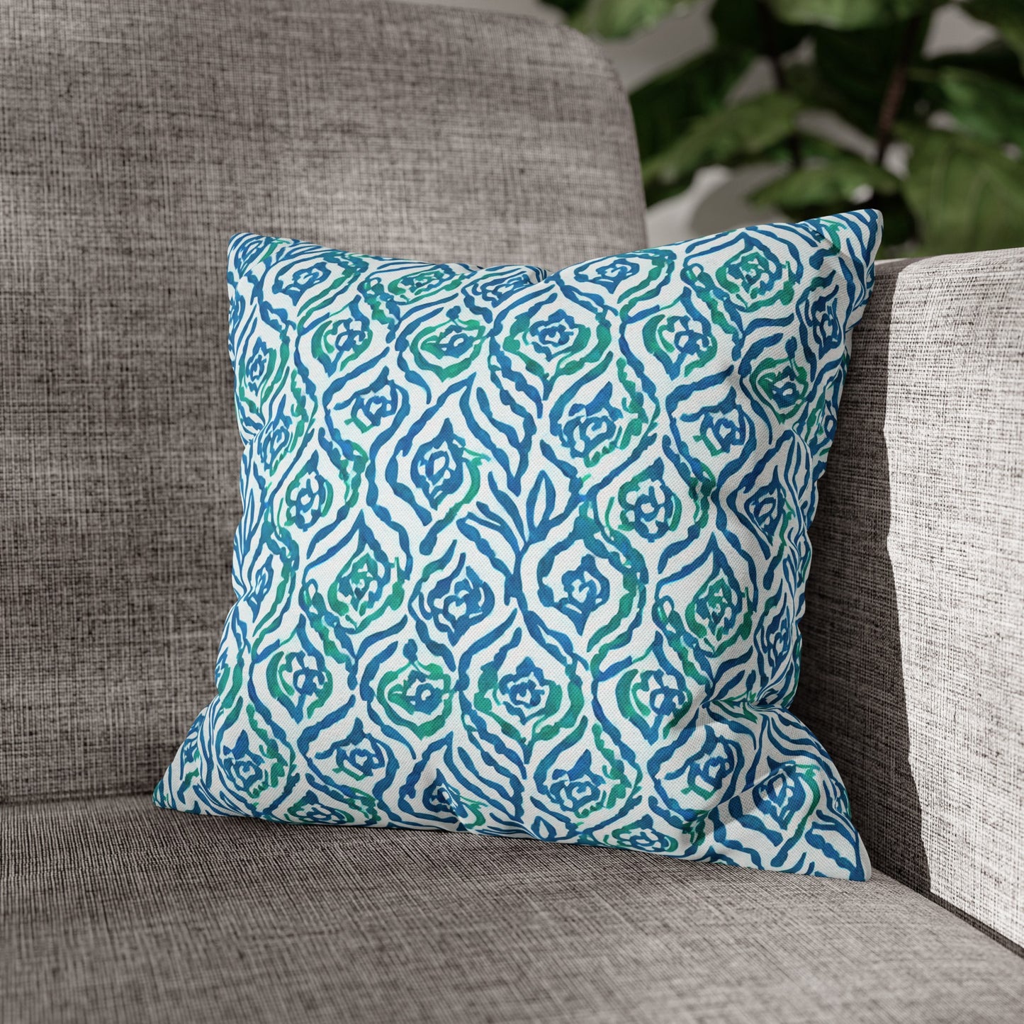 Cool Breeze Elegance: Abstract Damask Pattern in Green and Blue Spun Polyester Square Pillowcase 4 Sizes