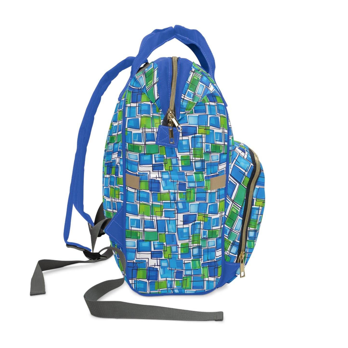 Abstract Interplay of Blue and Green Squares with Meandering Lines Multifunctional Diaper Backpack