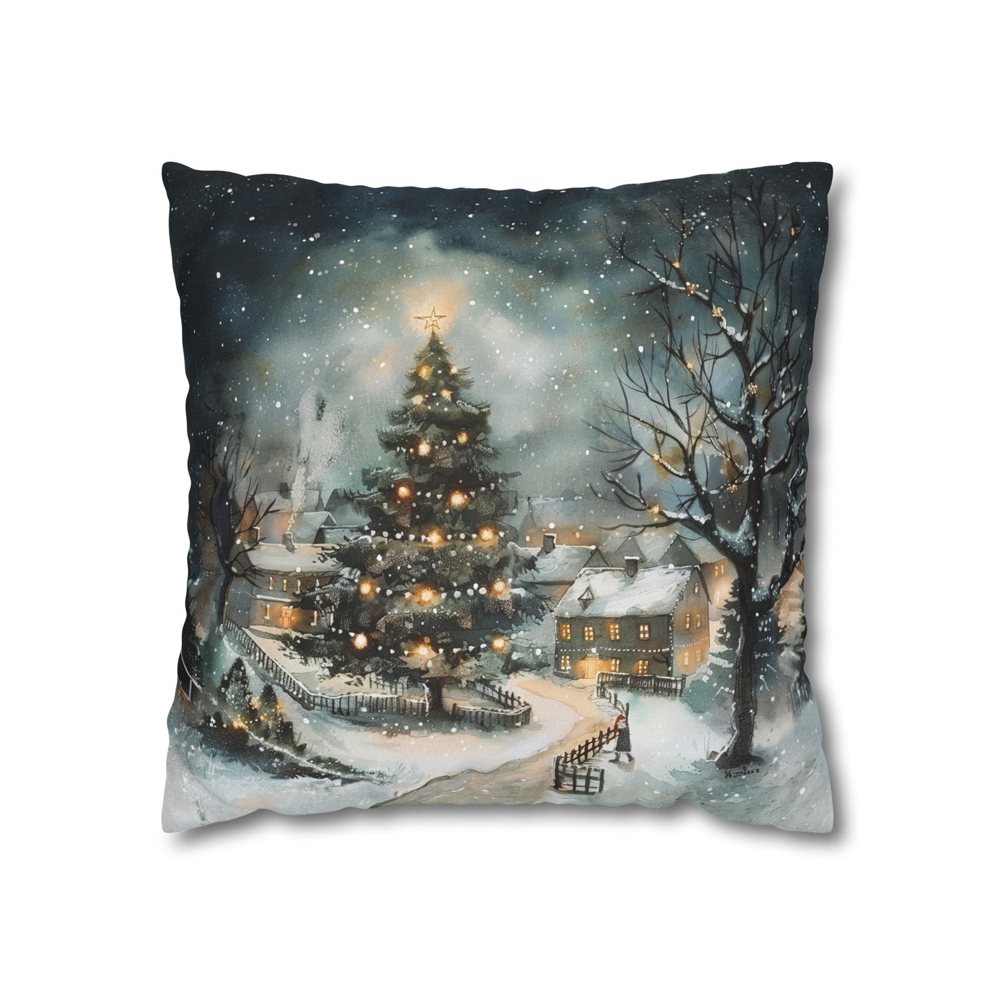 Winter Wonderland Glow: Christmas Tree Illuminating a Snowy Village Spun Polyester Square Pillowcase 4 Sizes