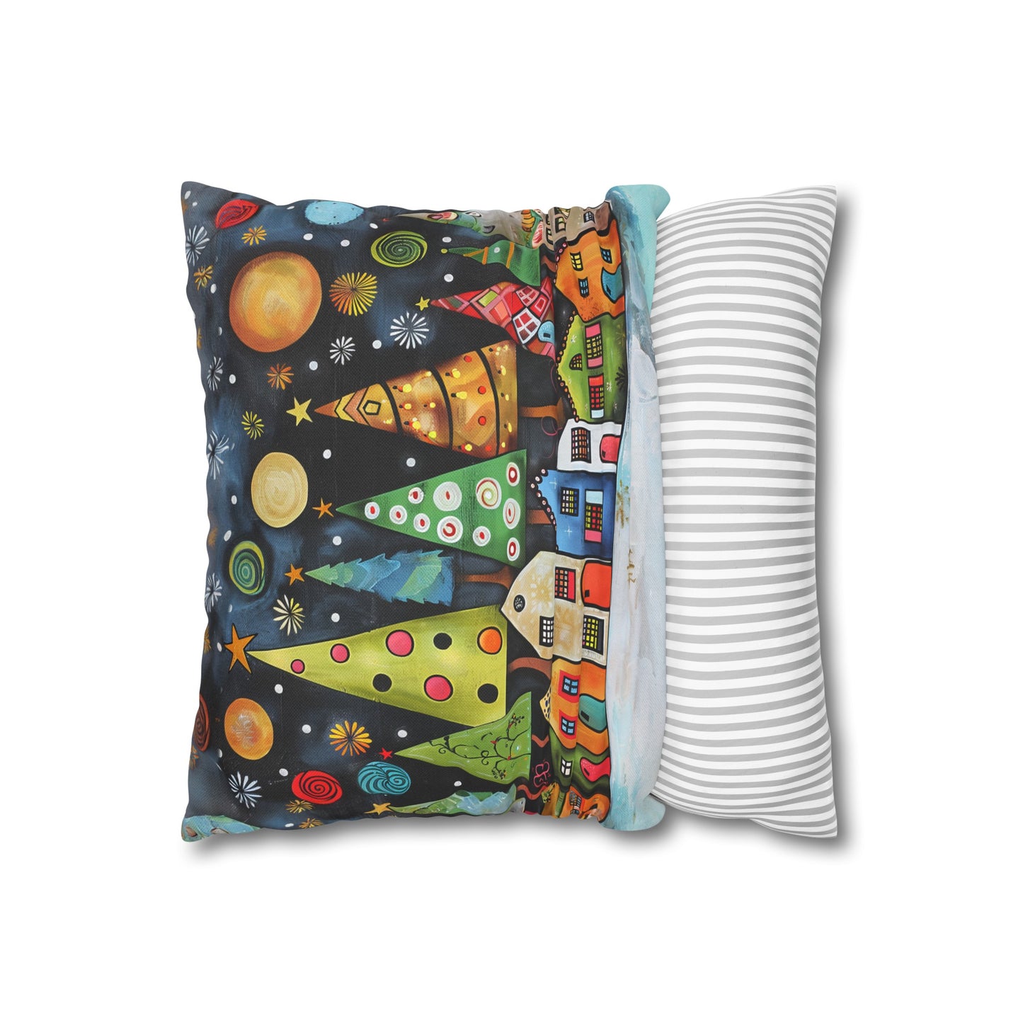 Holiday Haven: Abstract Folk Art Christmas Village Adorned with Christmas Trees Scene Spun Polyester Square Pillowcase 4 Sizes