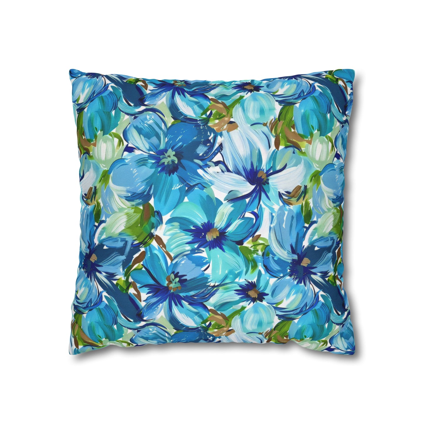 Large Blue Watercolor Flowers with Gentle Accents of Brown and Green Spun Polyester Square Pillowcase 4 Sizes