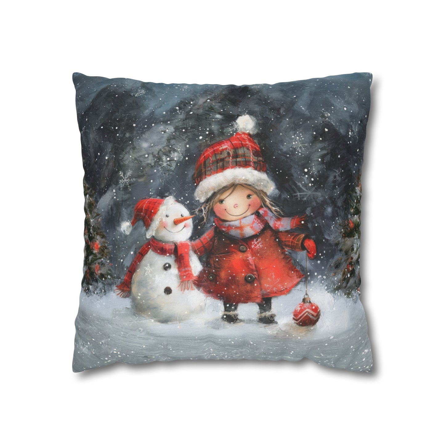 Frosty Friends: Little Girl Standing with Snowman on a Snowy Night Spun Polyester Square Pillowcase 4 Sizes