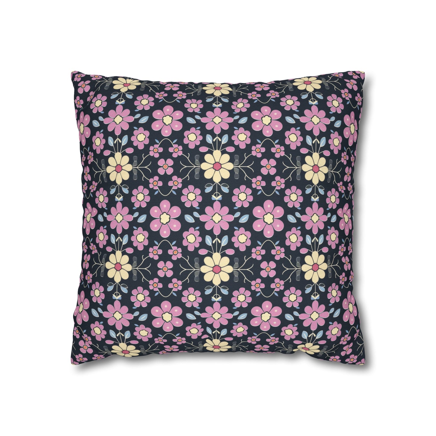 Charming Pastel Pink and Yellow Flowers on Navy Blue Background Spun Polyester Square Pillowcase 4 Sizes