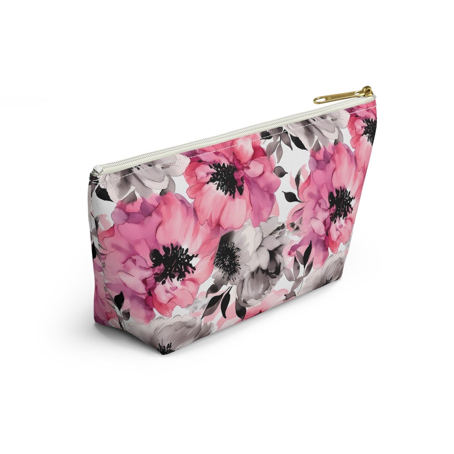 Graceful Elegance: Large Pink and Grey Watercolor Flower Design - Makeup & Accessory Bag 2 Sizes