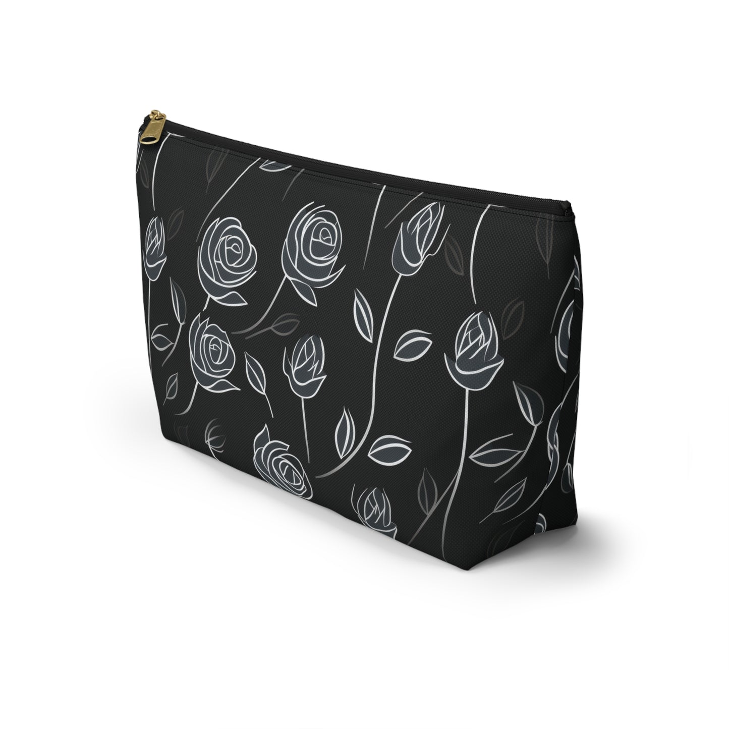 Contrasting Elegance: White Outlined Roses on a Black Background  - Makeup & Accessory Bag 2 Sizes